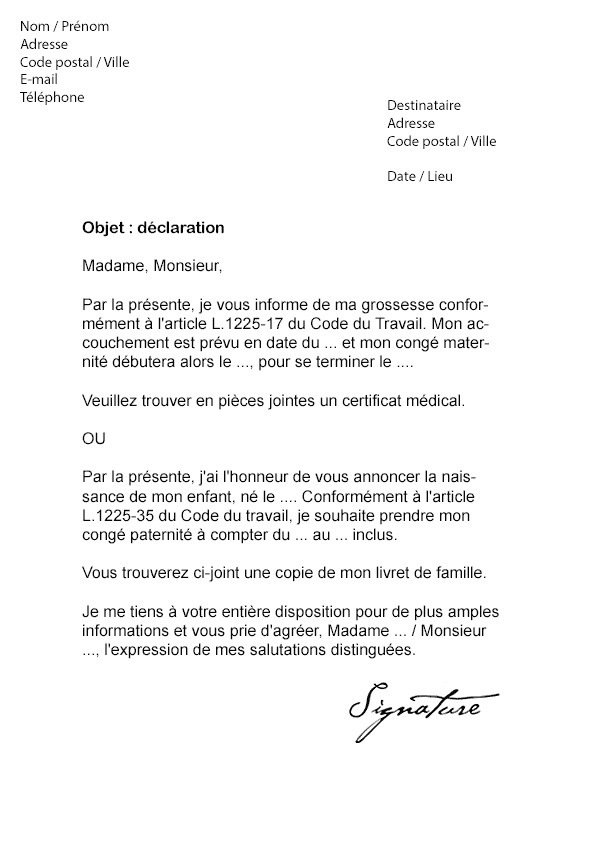 modele de lettre de declaration
