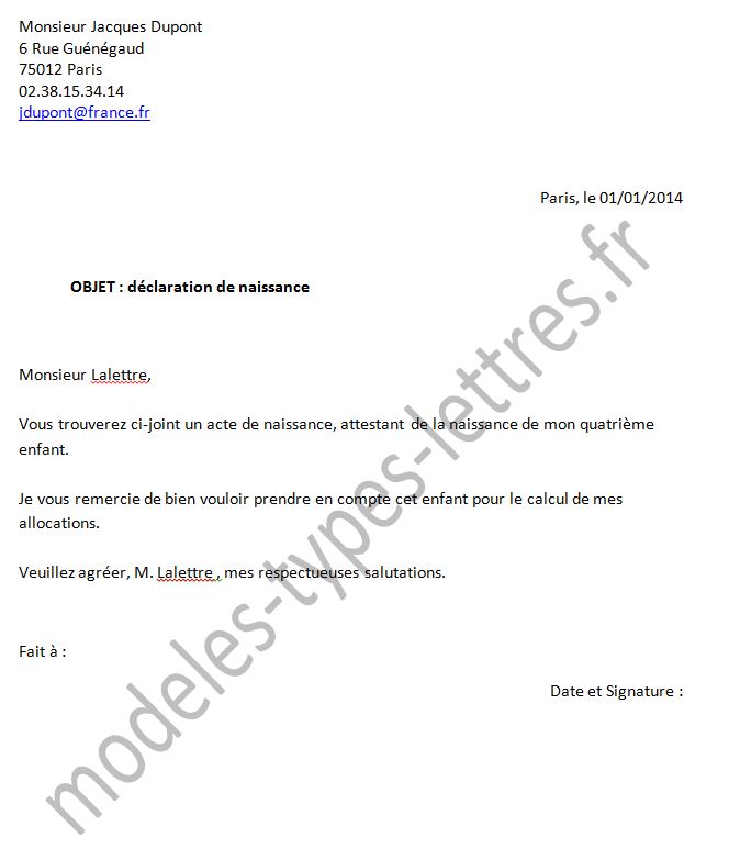 modele de lettre de declaration