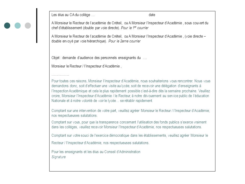 modele de lettre de demande d'audience a un directeur