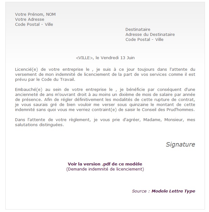 modele de lettre de demande d indemnisation