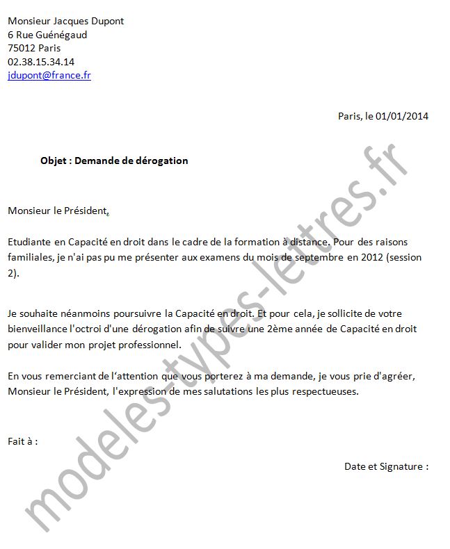 modele de lettre de derogation scolaire