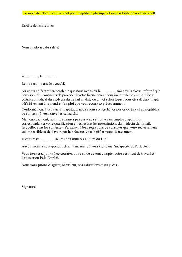 modele de lettre de licenciement pour inaptitude au travail
