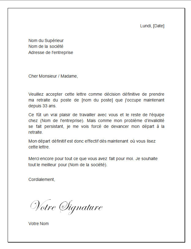 modele de lettre de mise a la retraite