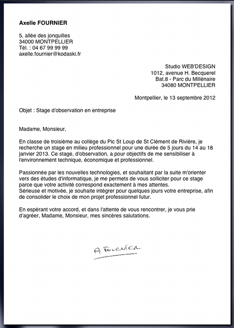 modele de lettre de motivation pour un stage