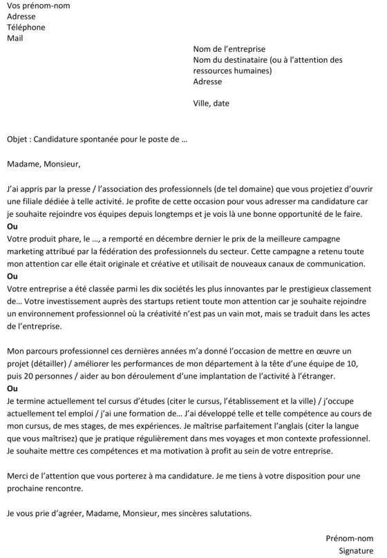 modele de lettre de motivation pour une candidature spontanee gratuite