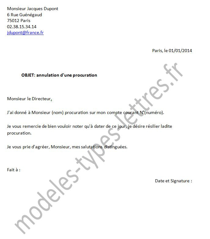 modele de lettre de procuration pour la banque
