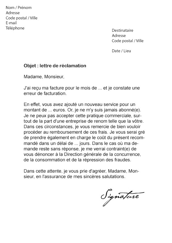 modele de lettre de reclamation de facture