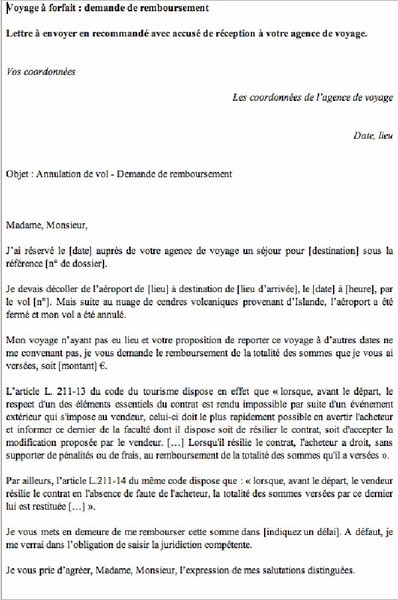 modele de lettre de reclamation pour un voyage
