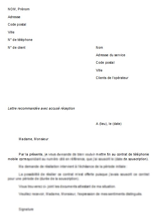 modele de lettre de resiliation d'un abonnement telephonique