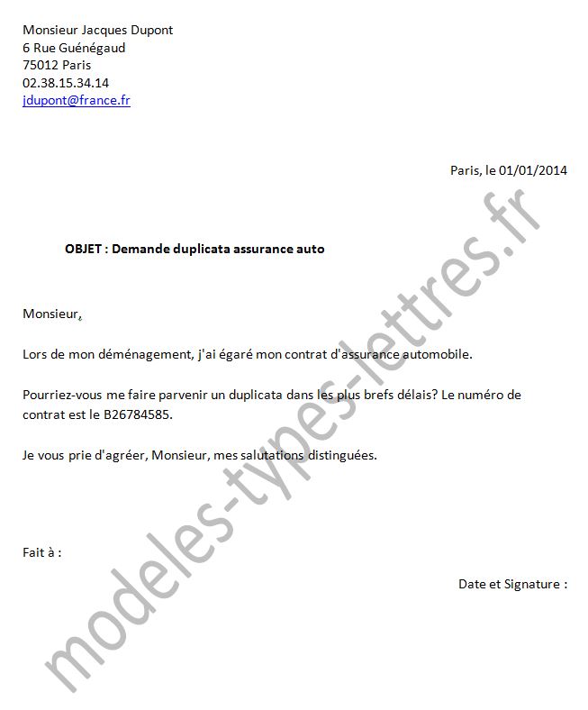 modele de lettre de suspension de contrat d'assurance