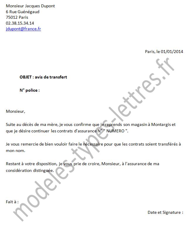 modele de lettre de suspension de contrat d'assurance