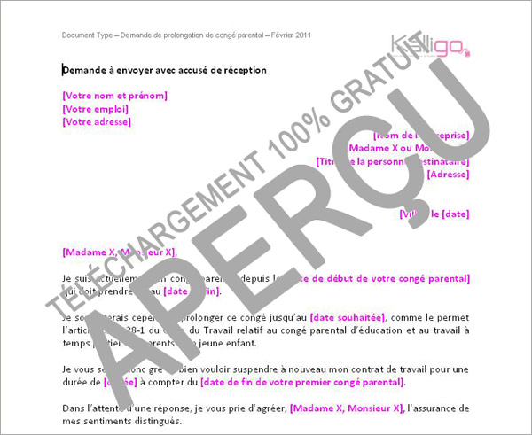 modele de lettre demande de prolongation d'un conge parental