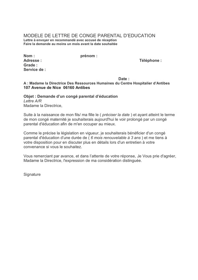 modele de lettre demande de prolongation d'un conge parental