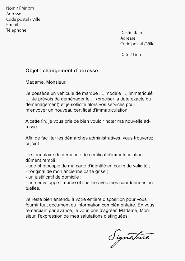 modele de lettre gratuite pour changement d'adresse