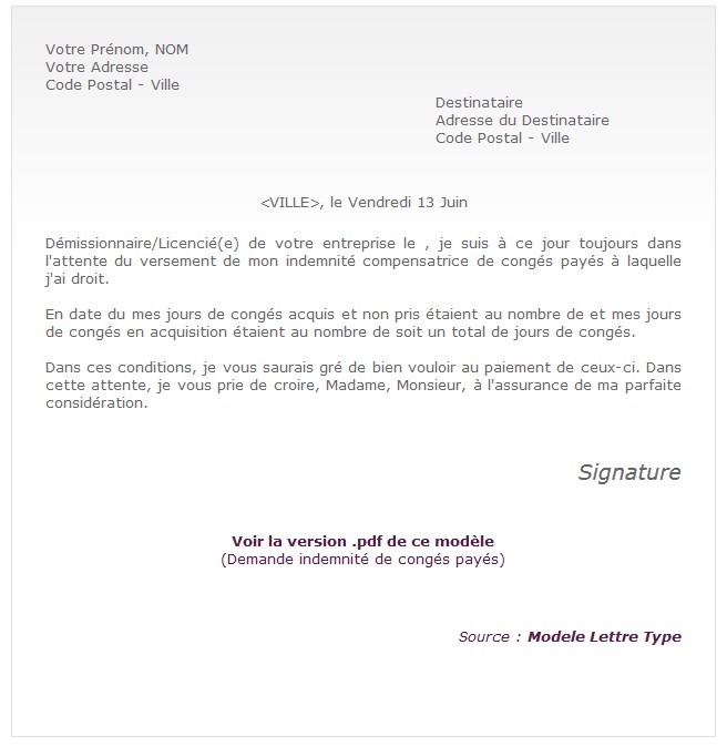 modele de lettre pour conge paye