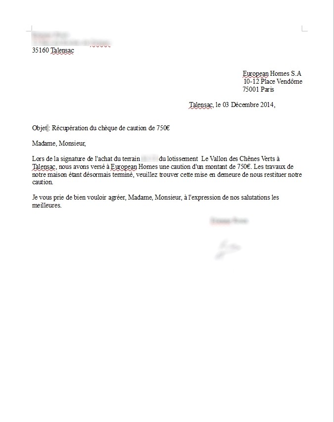 modele de lettre pour recuperer une caution