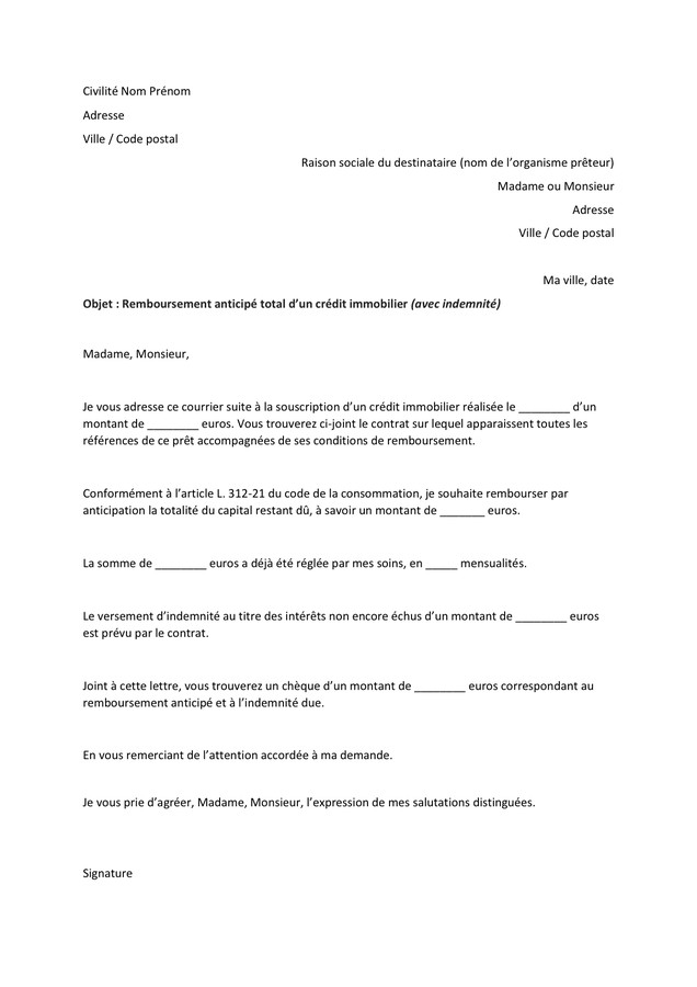 modele de lettre pour remboursement anticipe d'un credit