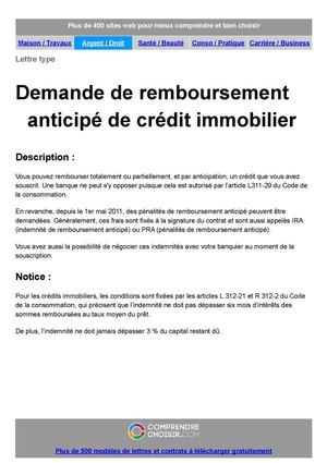 modele de lettre pour remboursement anticipe d'un credit