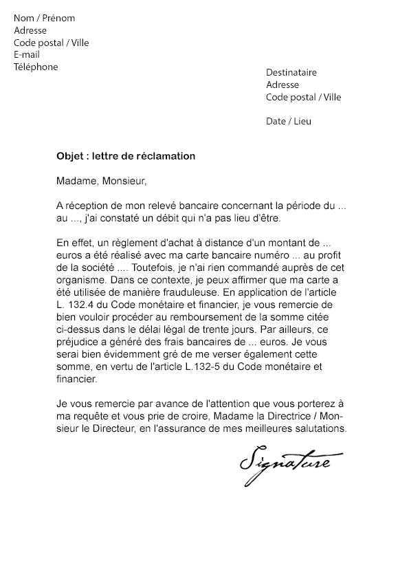 modele de lettre pour remboursement de frais bancaire