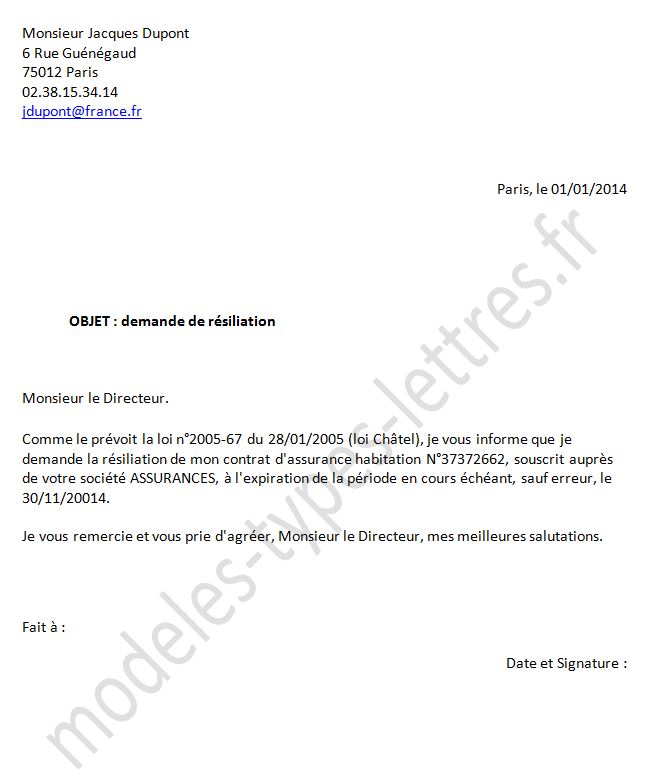 modele de lettre pour resiliation assurance