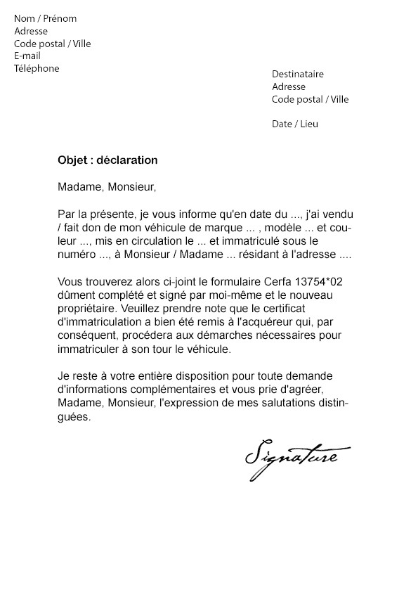 modele de lettre pour vente de vehicule