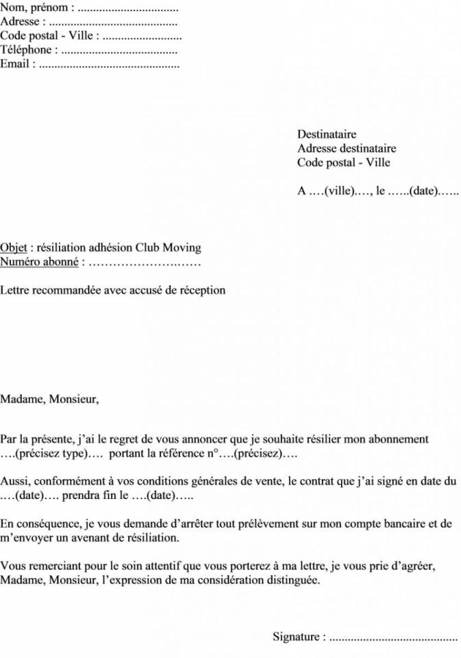 modele de lettre resiliation abonnement