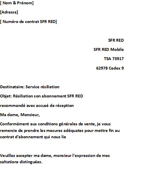 modele de lettre resiliation sfr
