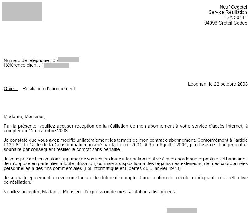 modele de lettre resiliation sfr