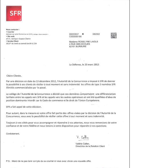 modele de lettre resiliation sfr