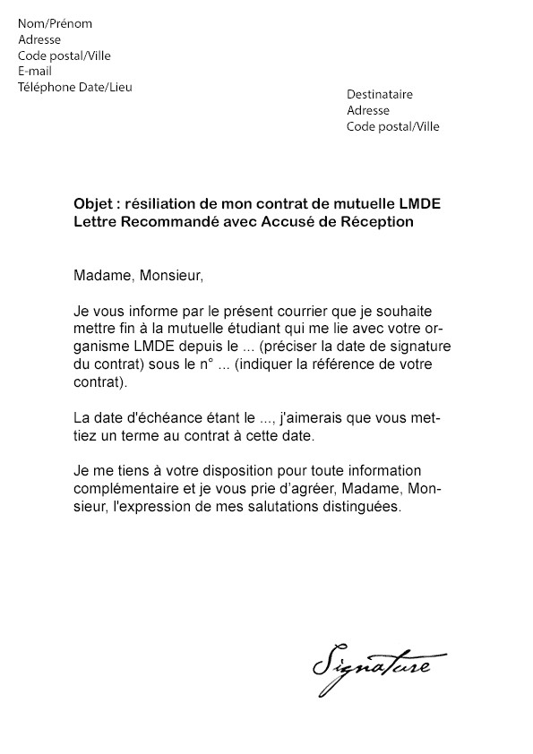 modele gratuit lettre resiliation mutuelle