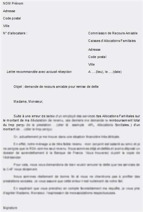modele lettre annulation dette caf