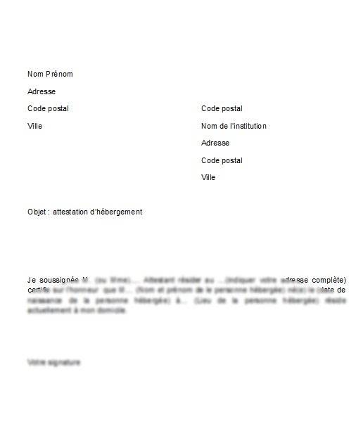 modele lettre attestation hebergement