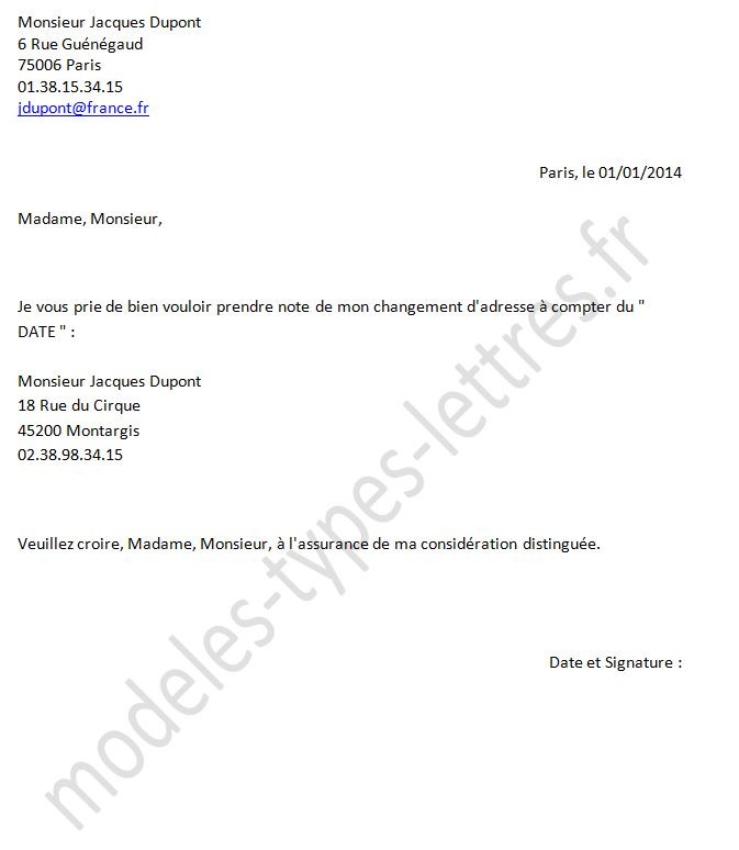 modele lettre changement d'adresse gratuit