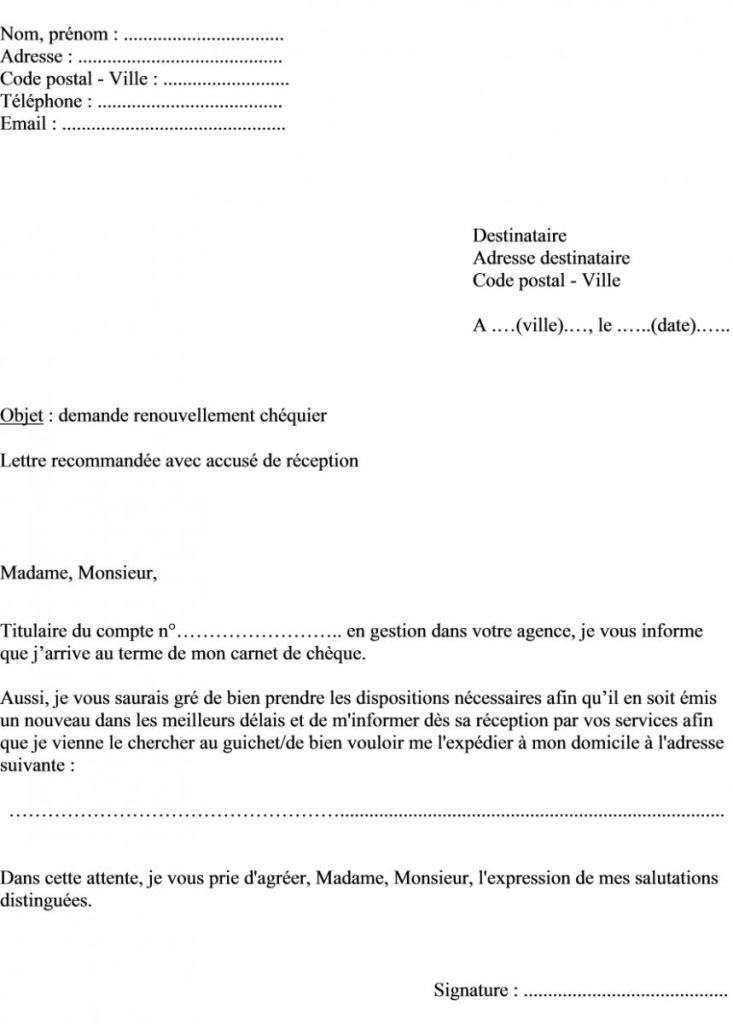 modele lettre cheque perdu