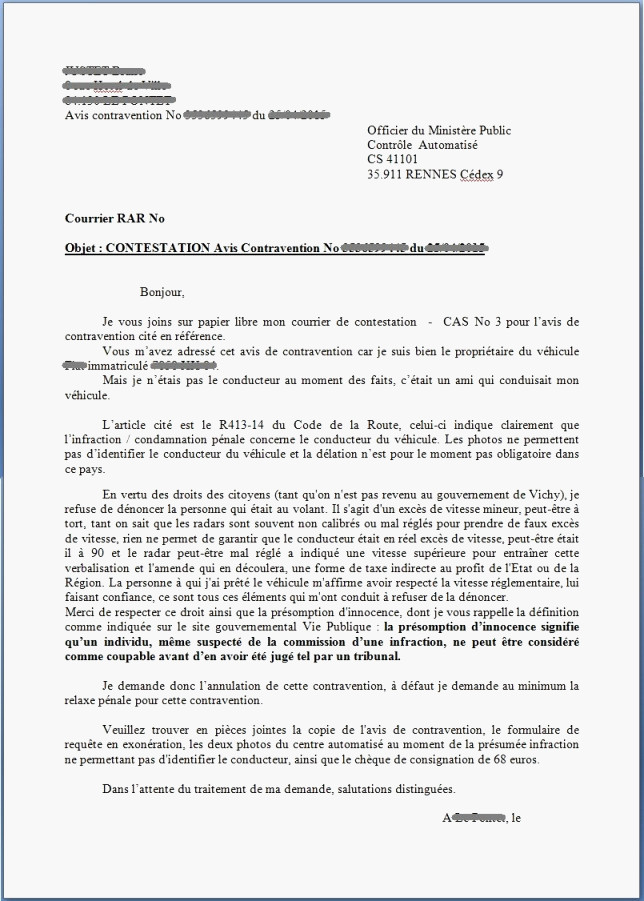 modele lettre contestation contravention exces vitesse