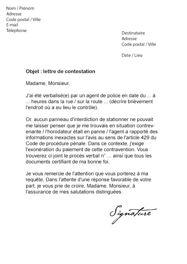 modele lettre contestation contravention exces vitesse