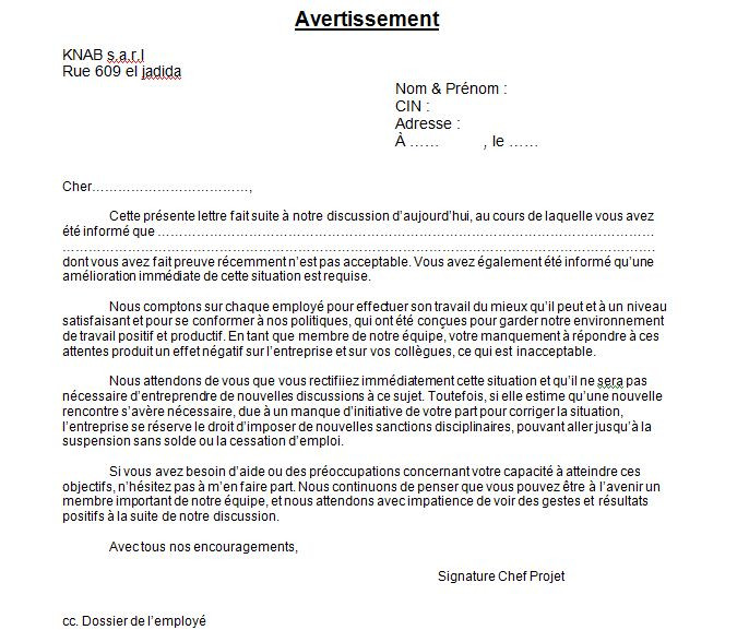 modele lettre d avertissement pour retard