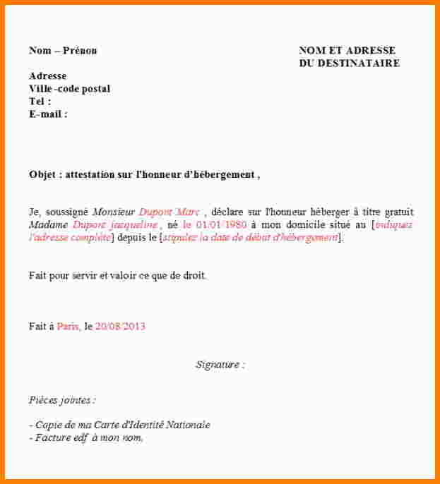 modele lettre d'hebergement sur l'honneur