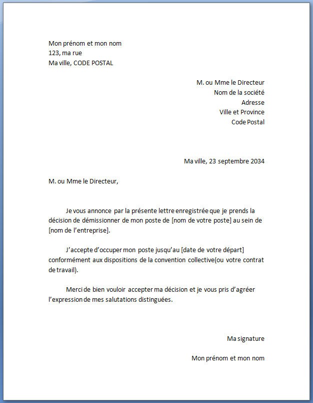 modele lettre de demission gratuit