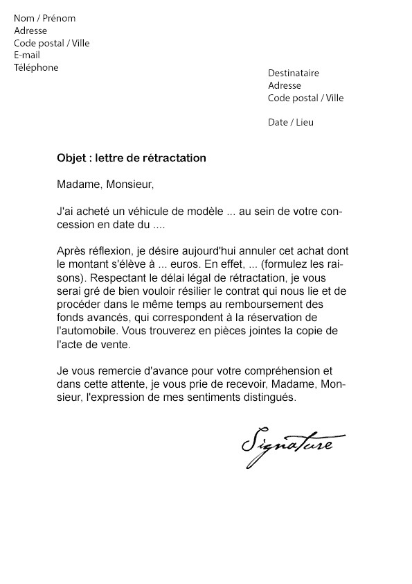 modele lettre de desistement cheque
