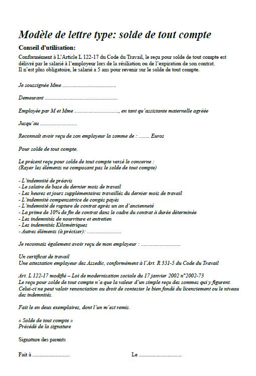 modele lettre de licenciement assistant maternelle fin de contrat
