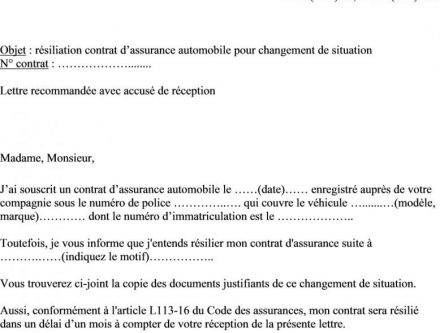 modele lettre de resiliation assurance auto