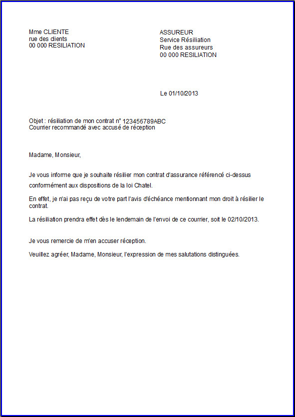 modele lettre de resiliation assurance auto