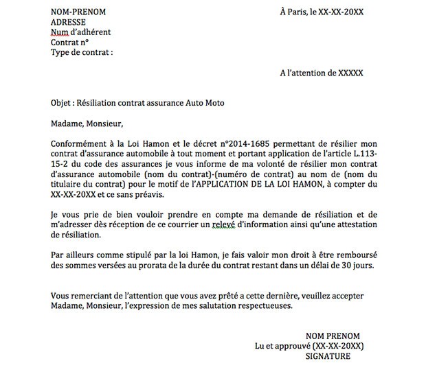 modele lettre de resiliation assurance voiture