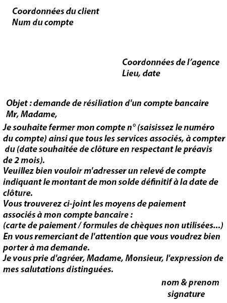 modele lettre de resiliation compte bancaire