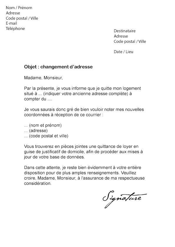 modele lettre demenagement impot