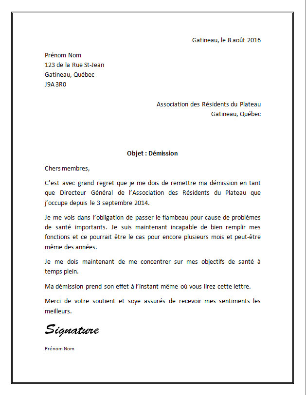 modele lettre demission association