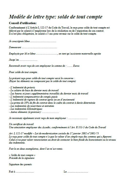 modele lettre denonciation solde de tout compte