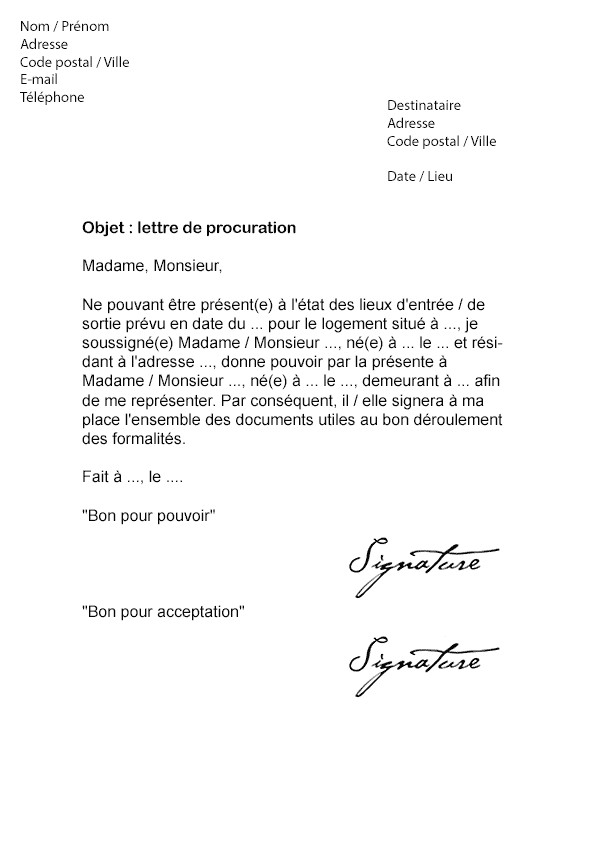 modele lettre procuration etat des lieux