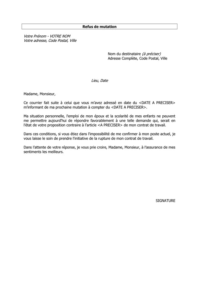 modele lettre refus de mutation
